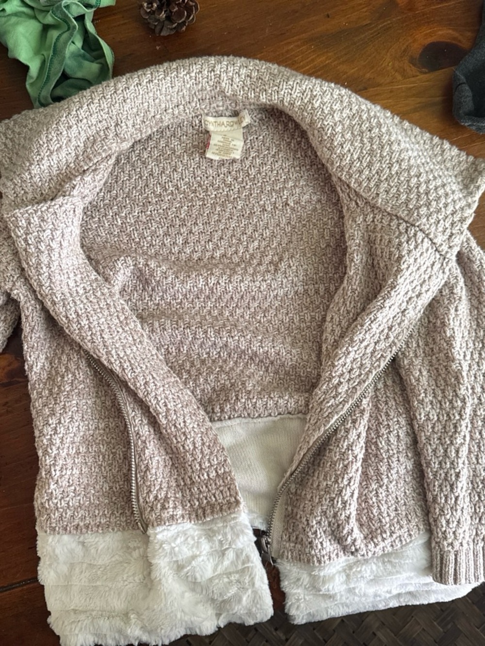Cynthia Rowley Beige Knit Zip Cardigan with Faux-Fur Hem